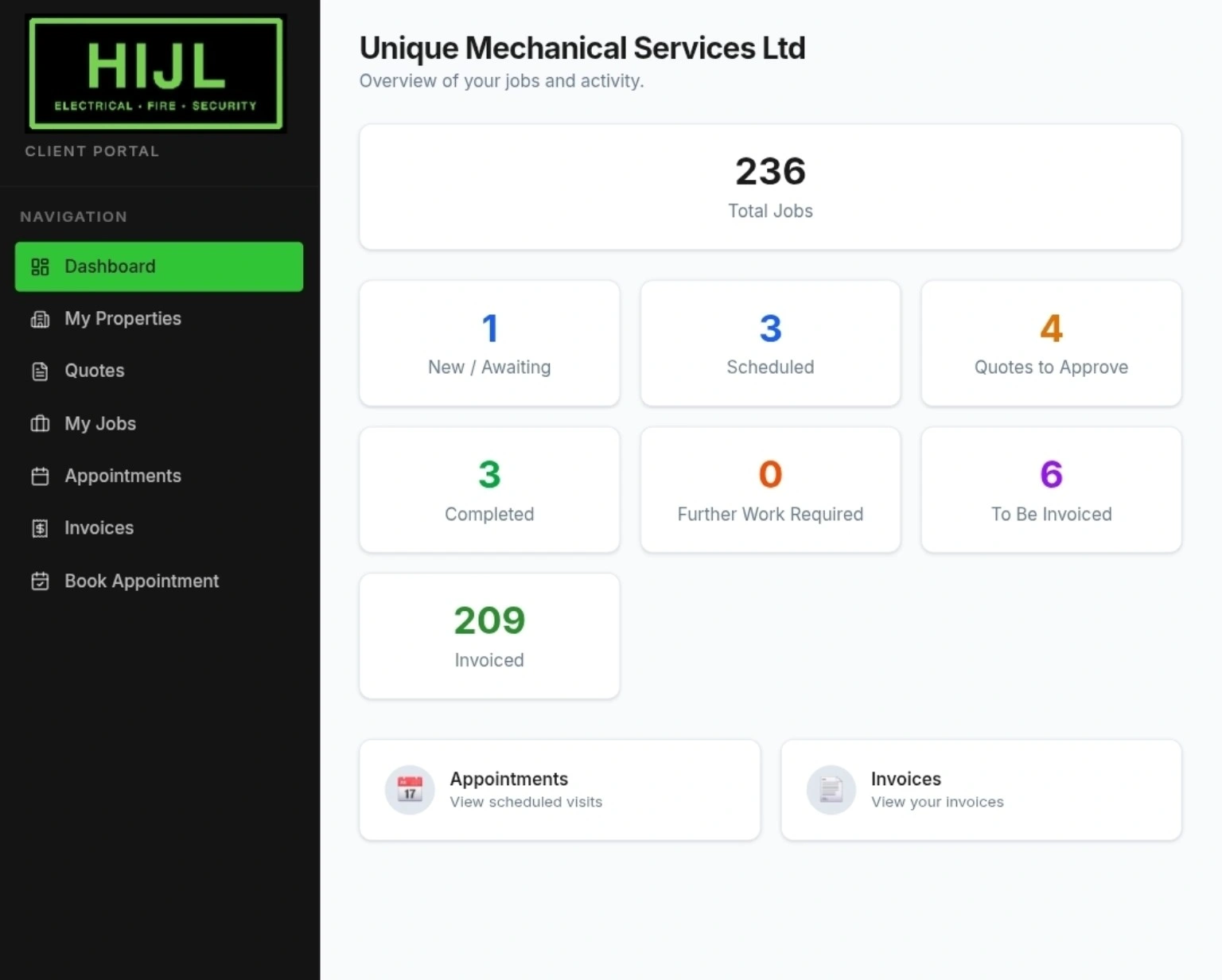 Real HIJL client portal showing the Unique Mechanical Services dashboard, job statuses, appointments, quotes and invoices