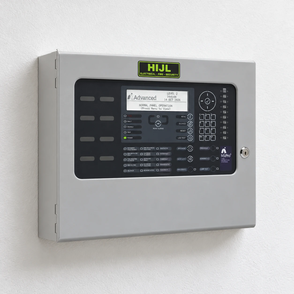 HIJL-branded Advanced fire alarm control panel on a white plastered wall